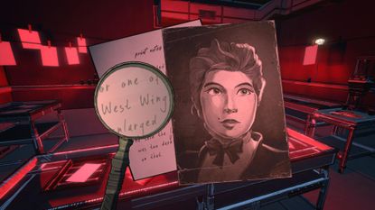 Taking a closer look at a photo in Blue Prince in a dark room, and using a magnifying glass to read some handwriting on it
