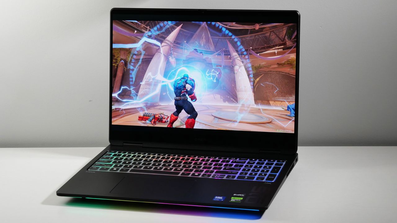 HP Omen Max 16 open on a white desk at an angle.