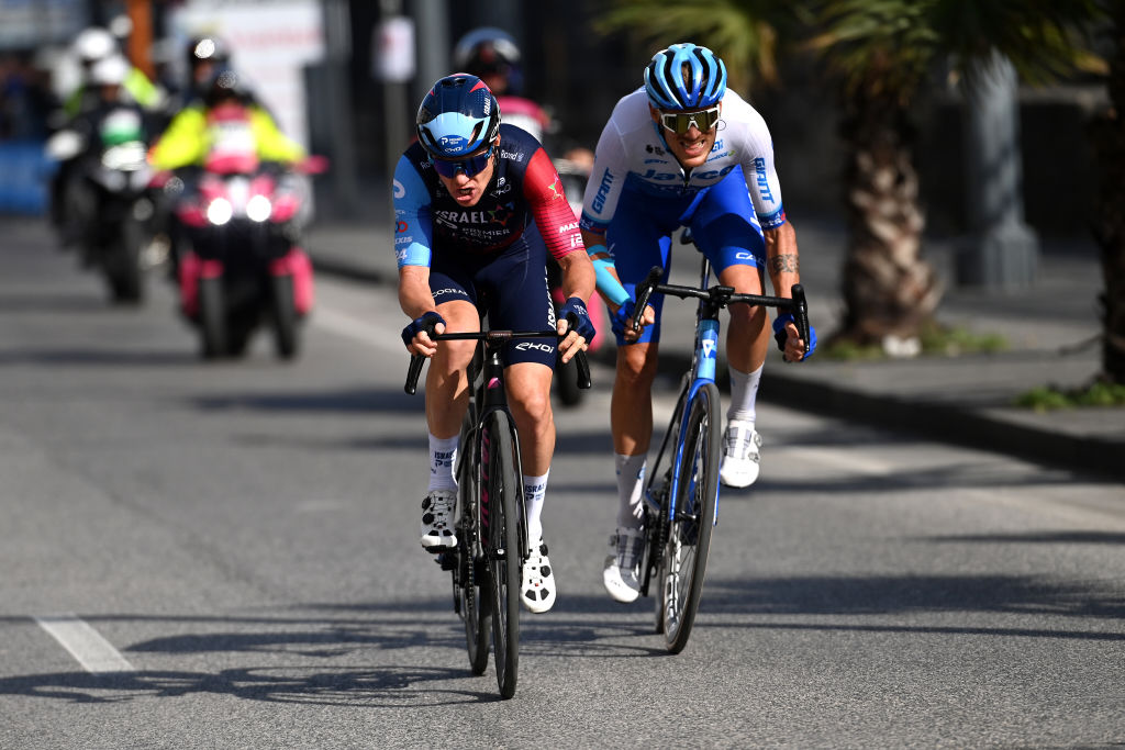 NAPLES ITALY MAY 11 Simon Clarke of Australia and Team Israel Premier Tech and Alessandro De Marchi of Italy and Team Jayco AlUla compete in the breakaway passing through Naples ity while fans cheer during the 106th Giro dItalia 2023 Stage 6 a 162km stage from Naples to Naples UCIWT on May 11 2023 in Naples Italy Photo by Tim de WaeleGetty Images