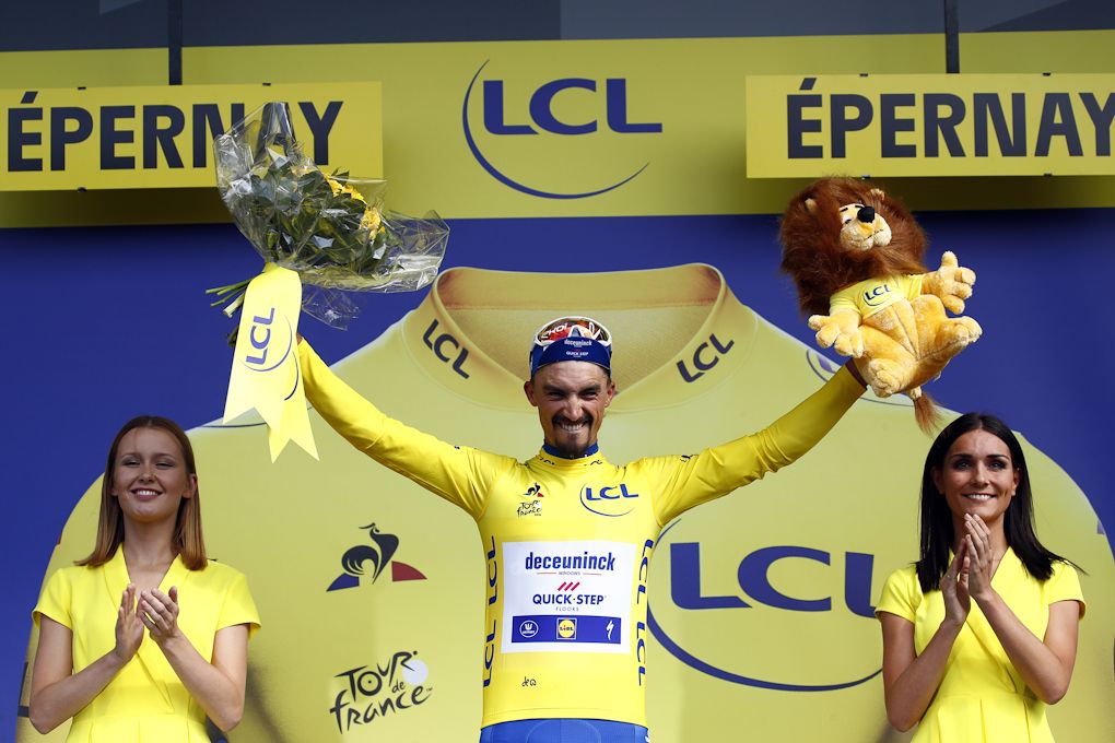 Julian Alaphilippe (Deceuninck-Quick Step) in yellow after stage 3 at the Tour de France