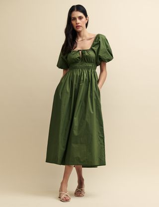 Forest Green Puff Sleeve Evelyn Midi Dress