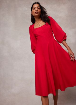 Red Cotton Puff Sleeve Midi Dress