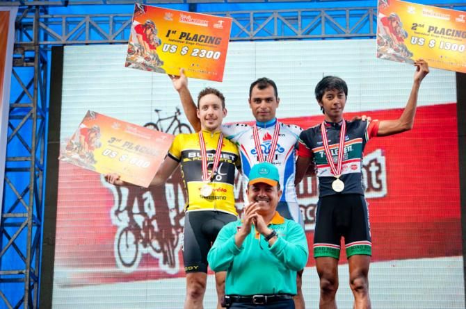 The podium for stage 7: third place Karl Evans (Budget Forklifts), the winner Mehdi Sohrabi (Tabriz Petrochemical Cycling Team) and second place Jerry Aquino (Team 7 Eleven)
