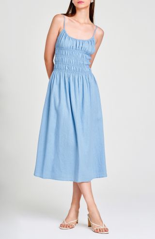 WAYF, Isabelle Smocked Linen Blend Midi Sundress