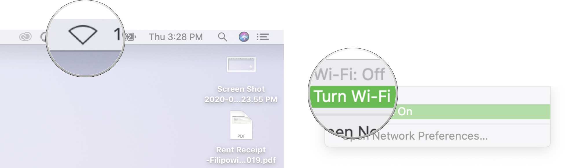 Turn Wi-Fi on on Mac: Click the Wi-Fi symbol in the menu bar, then click Turn Wi-Fi on