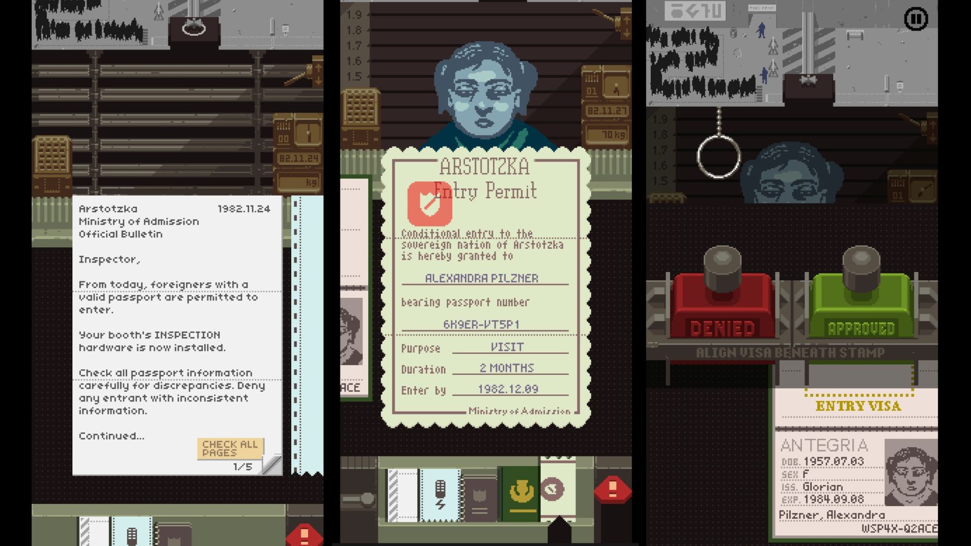 A series of three images from Papers, Please.