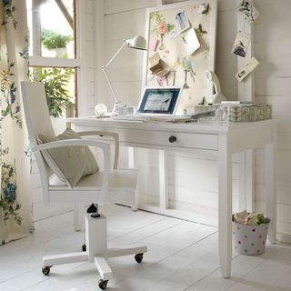 office room with white desk and chair and floral curtains