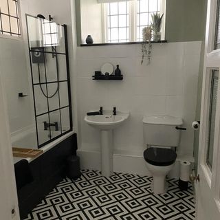monochrome bathroom makeover with patterned floor