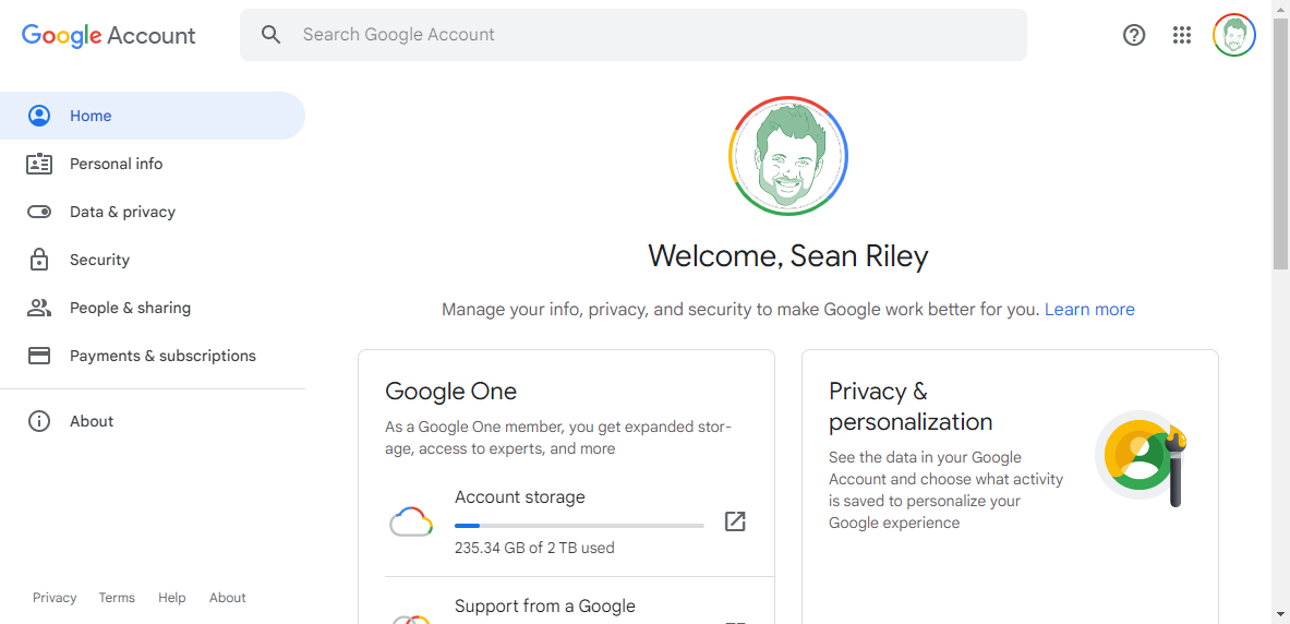 Google account page in Chrome