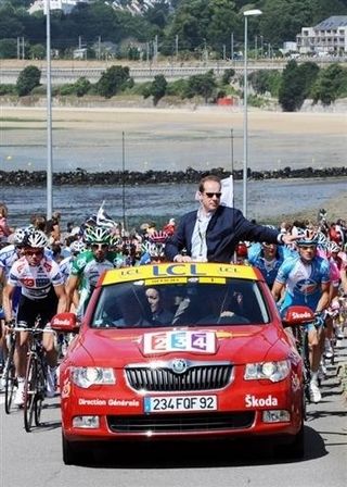 Christian Prudhomme keeps the race neutralised heading out of Brest.