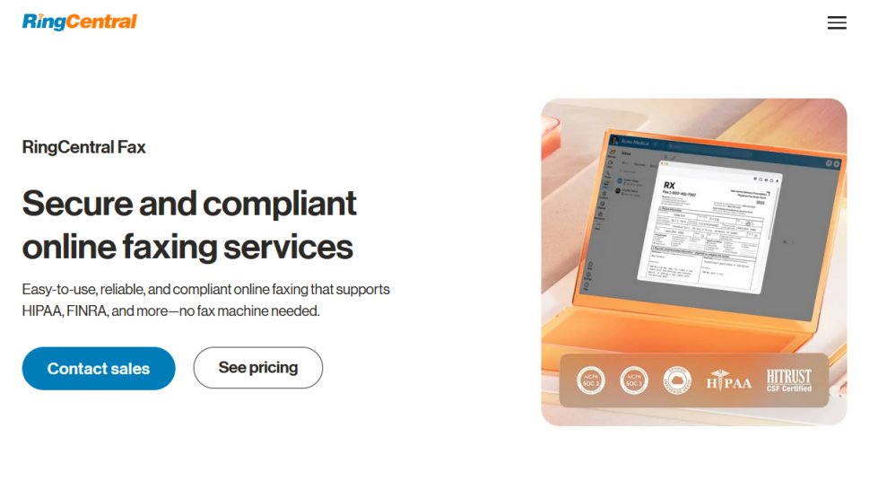 RingCentral Fax website screenshot (June 2025).