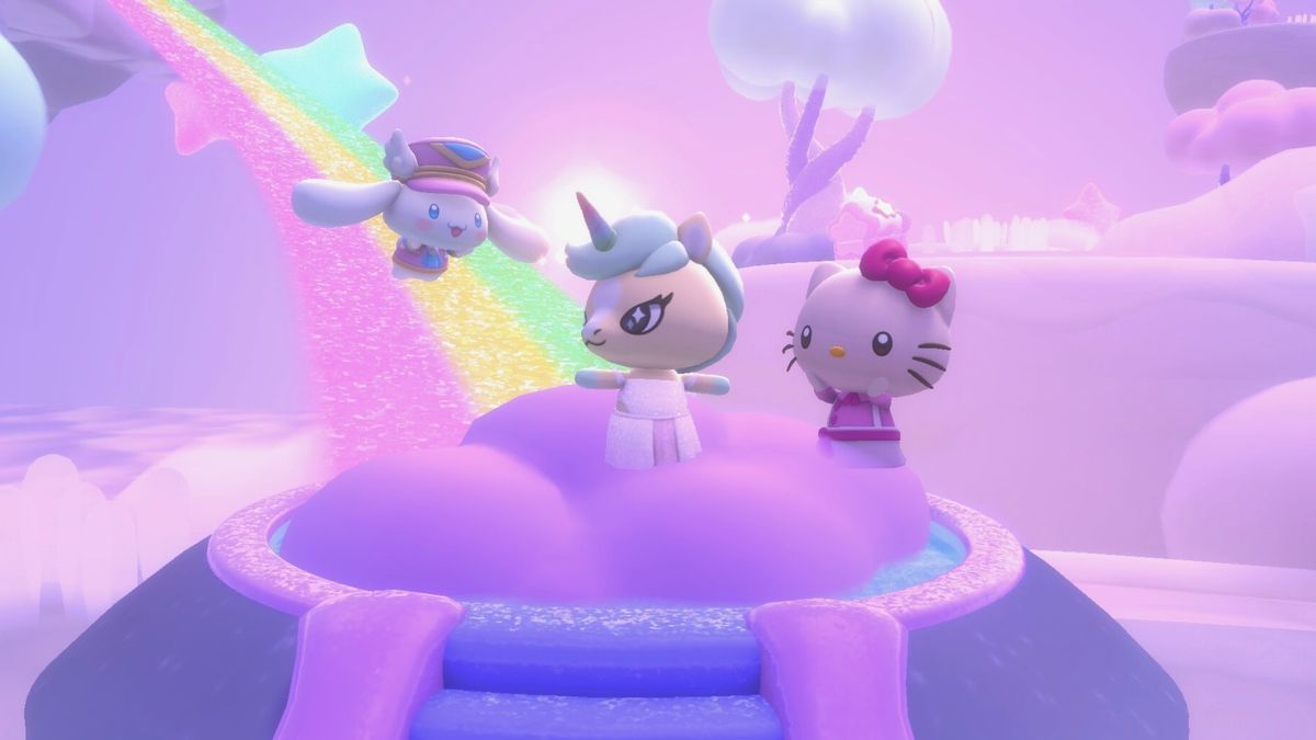 A screenshot shows the mail carrier Cinnamoroll flying down a rainbow toward Hello Kitty.