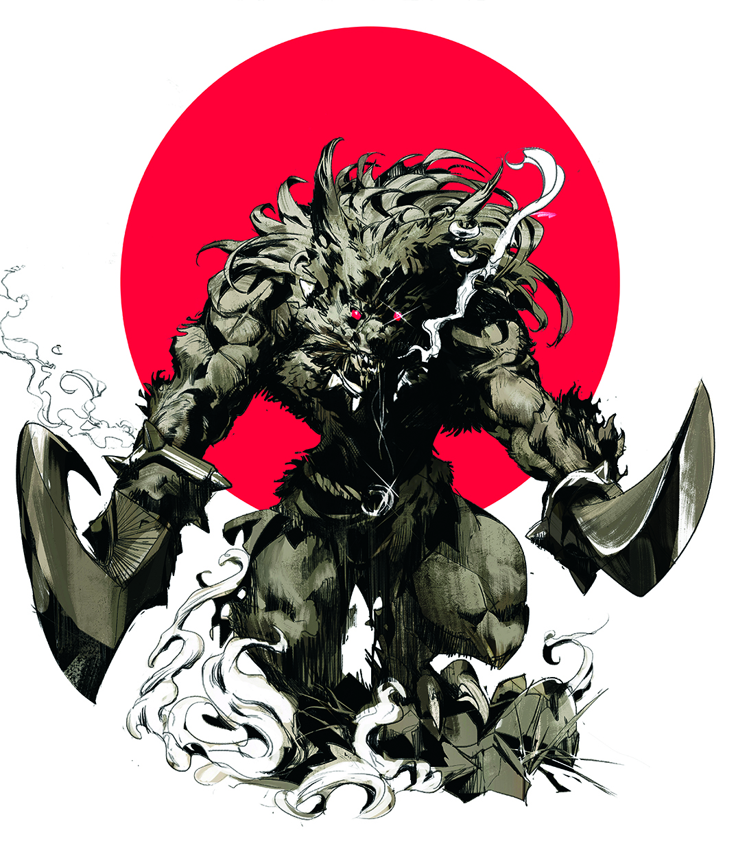 fantasy character art showing a monster in red and black colour palette