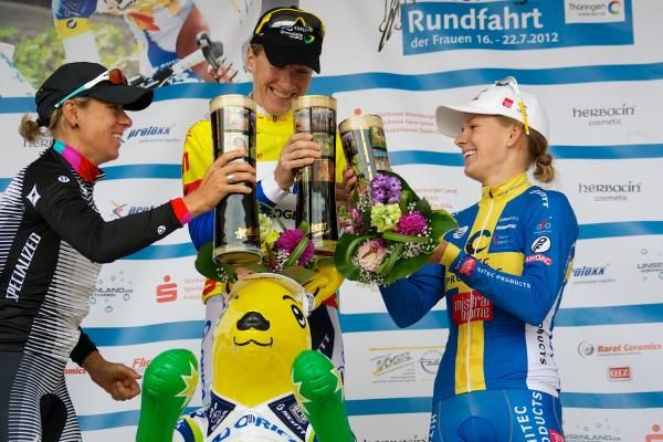 Final general classification podium (l-r): Trixi Worrack, 2nd; Judith Arndt, 1st; Emma Johansson, 3rd