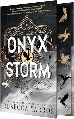 Onyx Storm empyrean book series book cover in grey and black with symbols and dragons flying on the cover