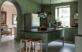 a green limewash kitchen with green cabinetry