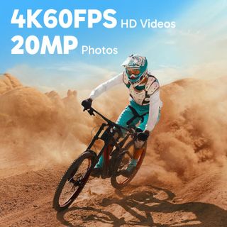 Man riding a bike through dust advert for Akaso Brave 8 Lite action camera