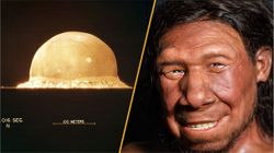 A smiling Neanderthal man and the Trinity bomb explosion.