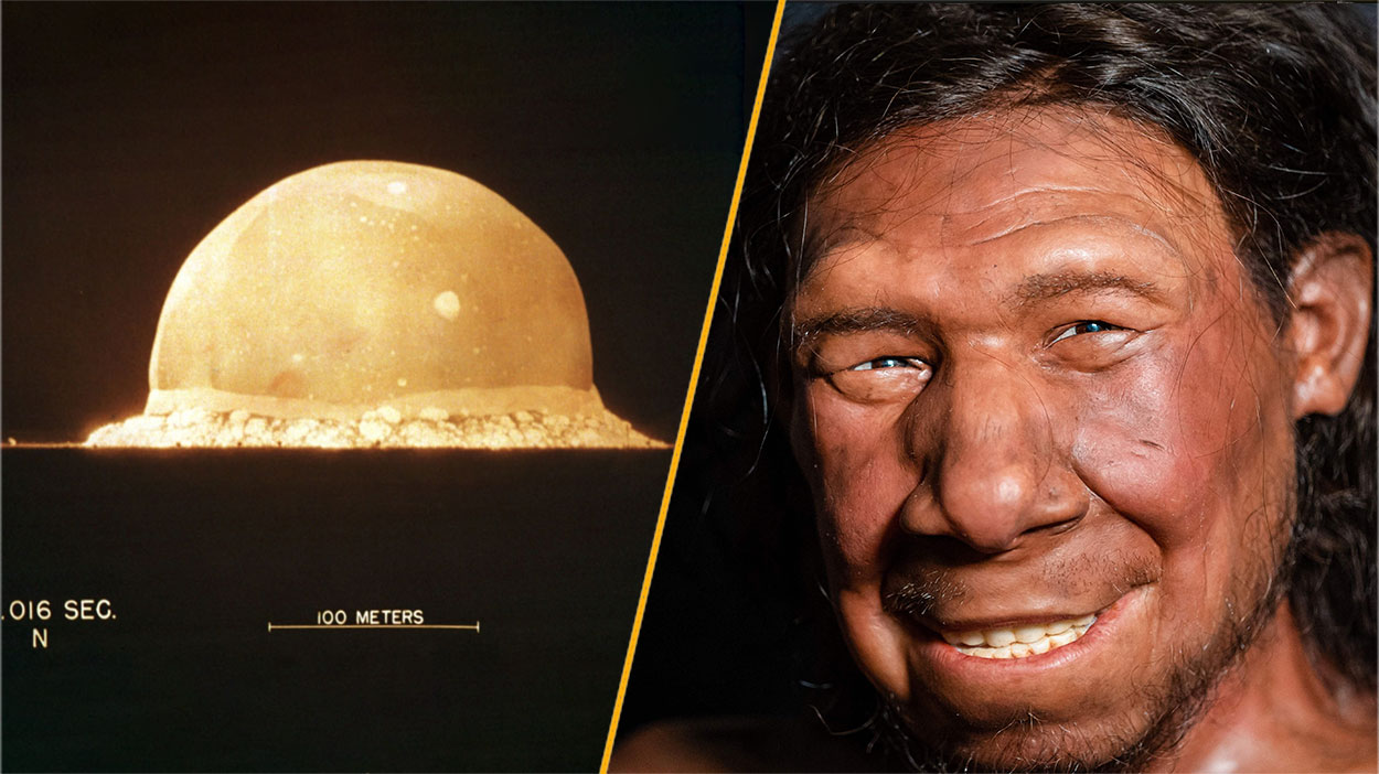 A smiling Neanderthal man and the Trinity bomb explosion.