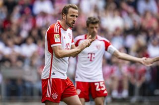 Harry Kane encourages his team-mates during Bayern Munich's 2-0 win over FC Koln in the Bundesliga in April 2024.