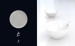 LEFT: A white circle photographed against a black background with Le Petit Lait inscribed in white below the cirle and the Luxe Lait logo 9in white) on the bottom; RIGHT: 2 bowls photographed against a white background, one white bowl with silver spoon in it and one clear glass bowl with milk and silver spoon in it.
