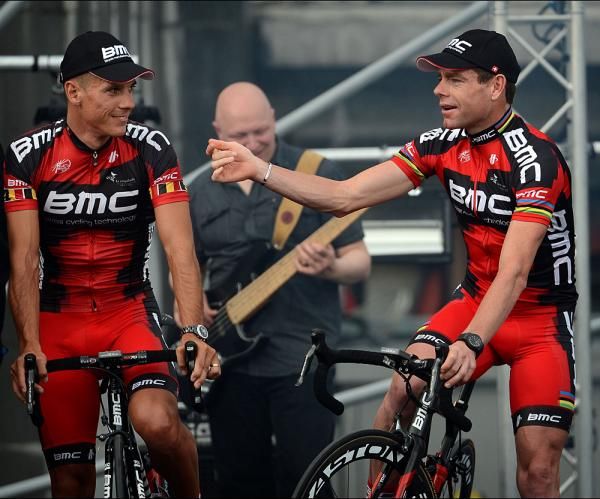 Cadel Evans and Philippe Gilbert on the stage in Li&egrave;ge