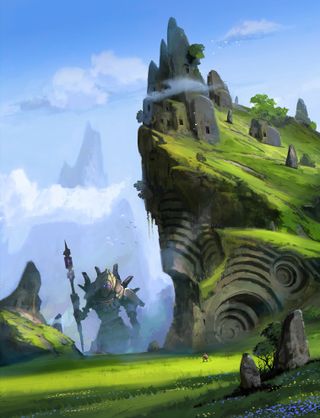 Making Eternal Strands; a colourful green-grass cliff, in the background is a large giant wearing armour and carrying a spear