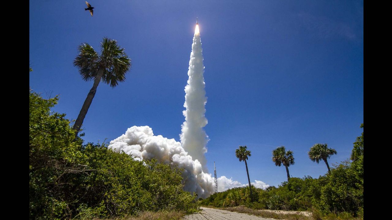 A United Launch Alliance Atlas V rocket carrying the SBIRS GEO Flight 5 missile-warning satellite for the U.S. Space Force lifts off from Space Launch Complex 41 at Cape Canaveral Space Force Station in Florida on May 18, 2021.