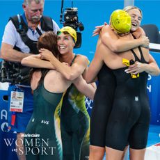 NANTERRE, FRANCE - JULY 27: Mollie O'Callaghan, Shayna Jack, Emma McKeon and Meg Harris of Team Australia react after winning gold medal on Women's 4x100m Freestyle Relay Finals on day one of the Olympic Games Paris 2024 at Paris La Defense Arena on July 27, 2024 in Nanterre, France. (Photo by Jean Catuffe/Getty Images)