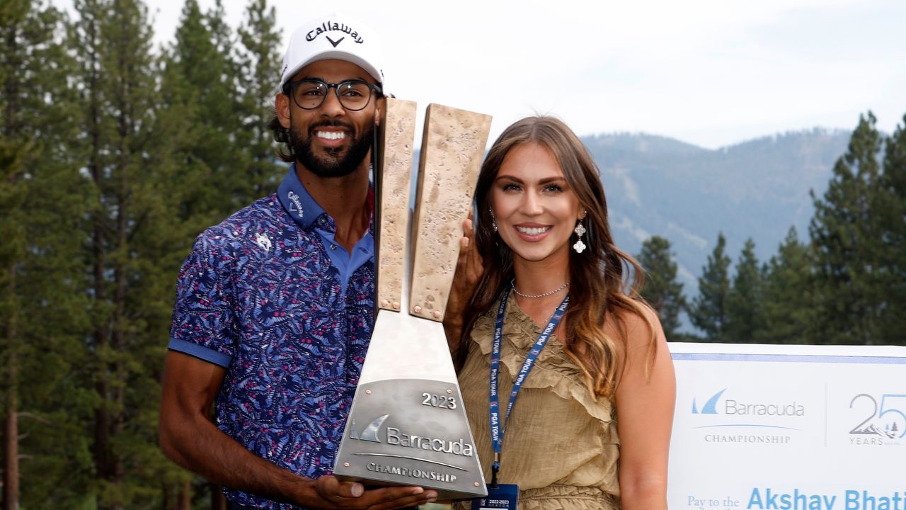 Akshay Bhatia and girlfriend Presleigh Schultz pose after the former&#039;s win at the Barracuda Championship on the PGA Tour