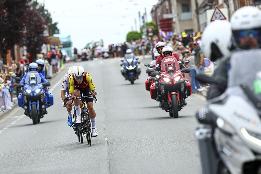 French Benjamin Thomas of Cofidis and French Matteo Vercher of TotalEnergies pictured in action during the first stage, Lille Metropole to Lille Metropole (185 km), of the 2025 Tour de France cycling race, in Lille, France, on Saturday 05 July 2025. The 112th edition of the Tour de France starts on Saturday 5 July in Lille, France, and will finish in Paris, France on the 27th of July. BELGA PHOTO DAVID PINTENS (Photo by DAVID PINTENS / BELGA MAG / Belga via AFP)