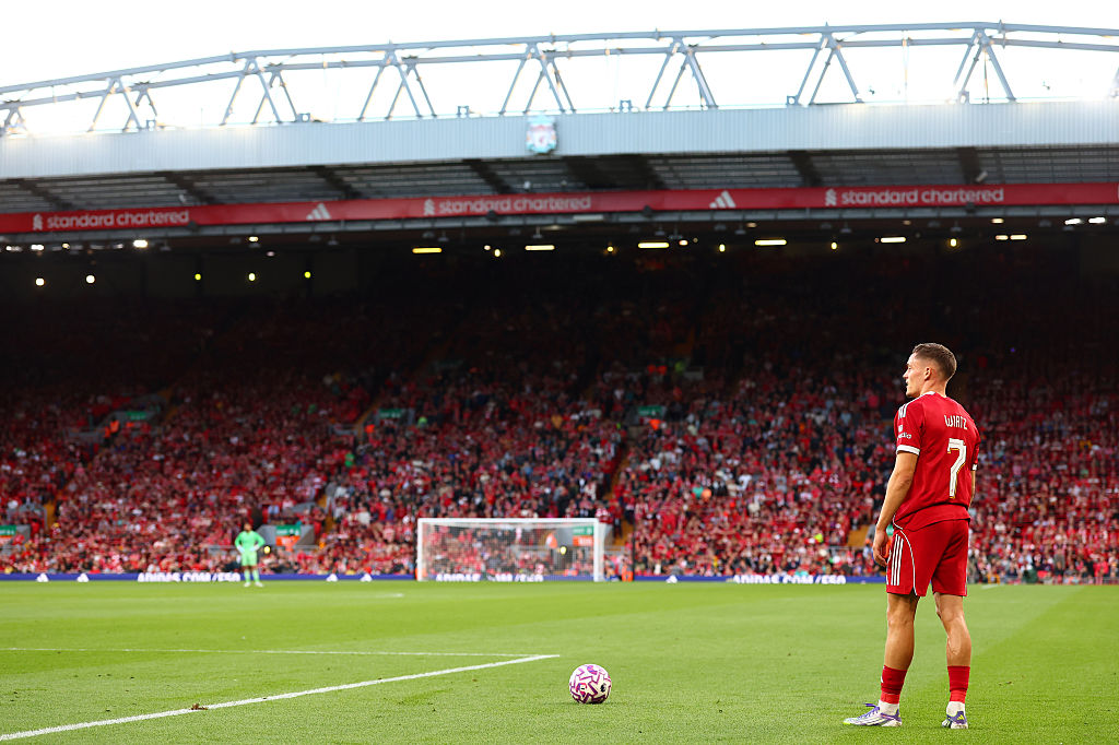 Florian Wirtz of Liverpool looks on during the pre-season friendly match between Liverpool v Athletic Club Bilbao at Anfield on August 04, 2025 in Liverpool, England.
