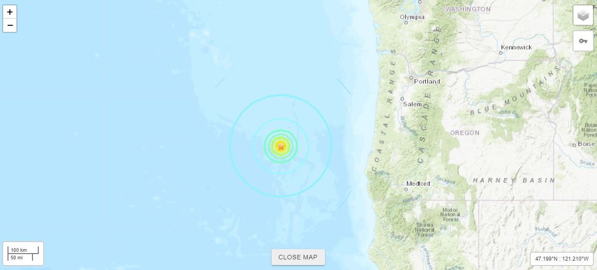 The 6.3-magnitude earthquake occurred about 176 miles (284 kilometers) west-northwest of Bandon, Oregon.