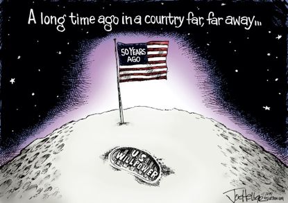 Political Cartoon U.S. Willpower Apollo Moon Landing Anniversary