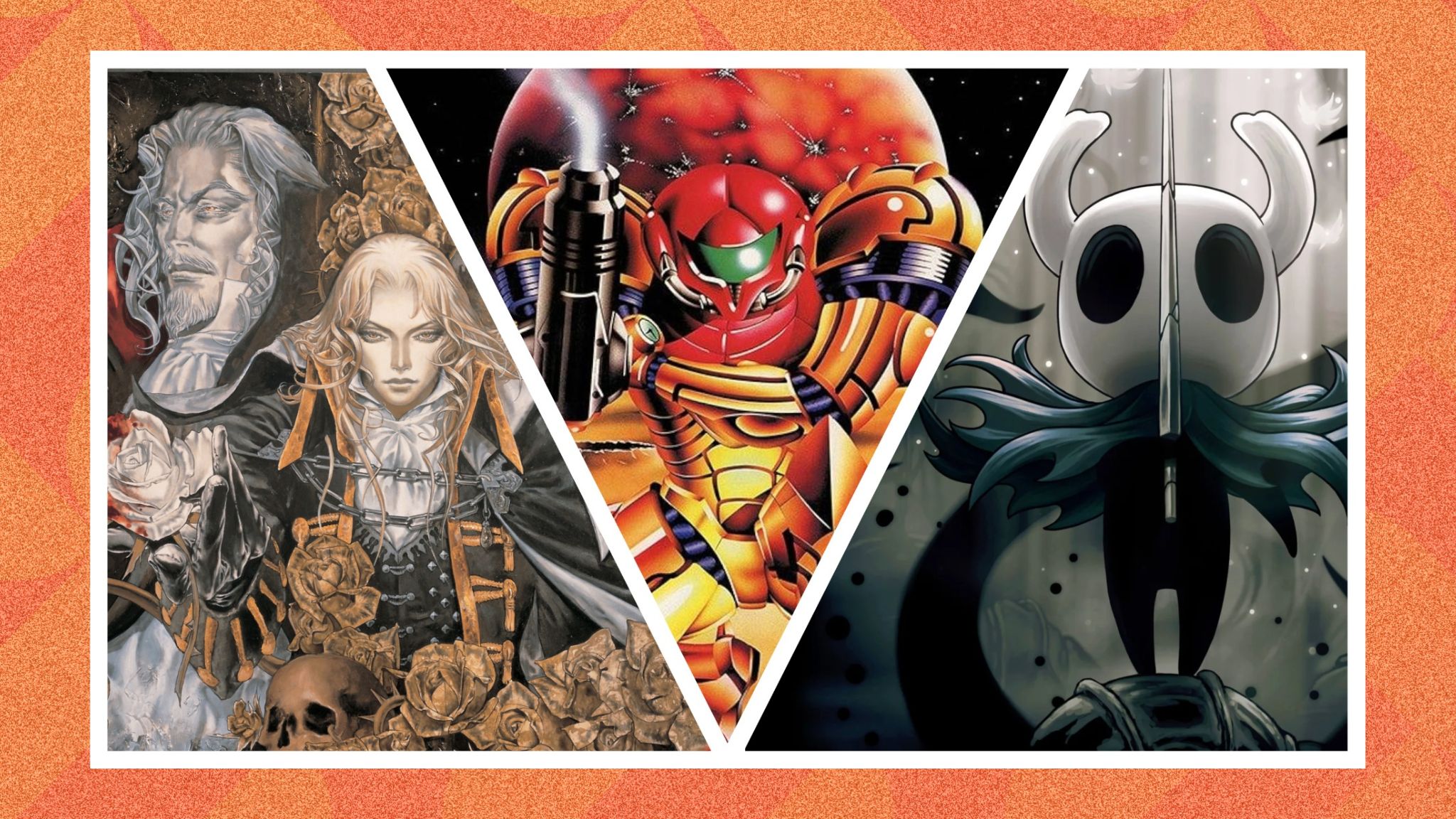 Artwork from the Castlevania, Metroid, and Hollow Knight gaming series
