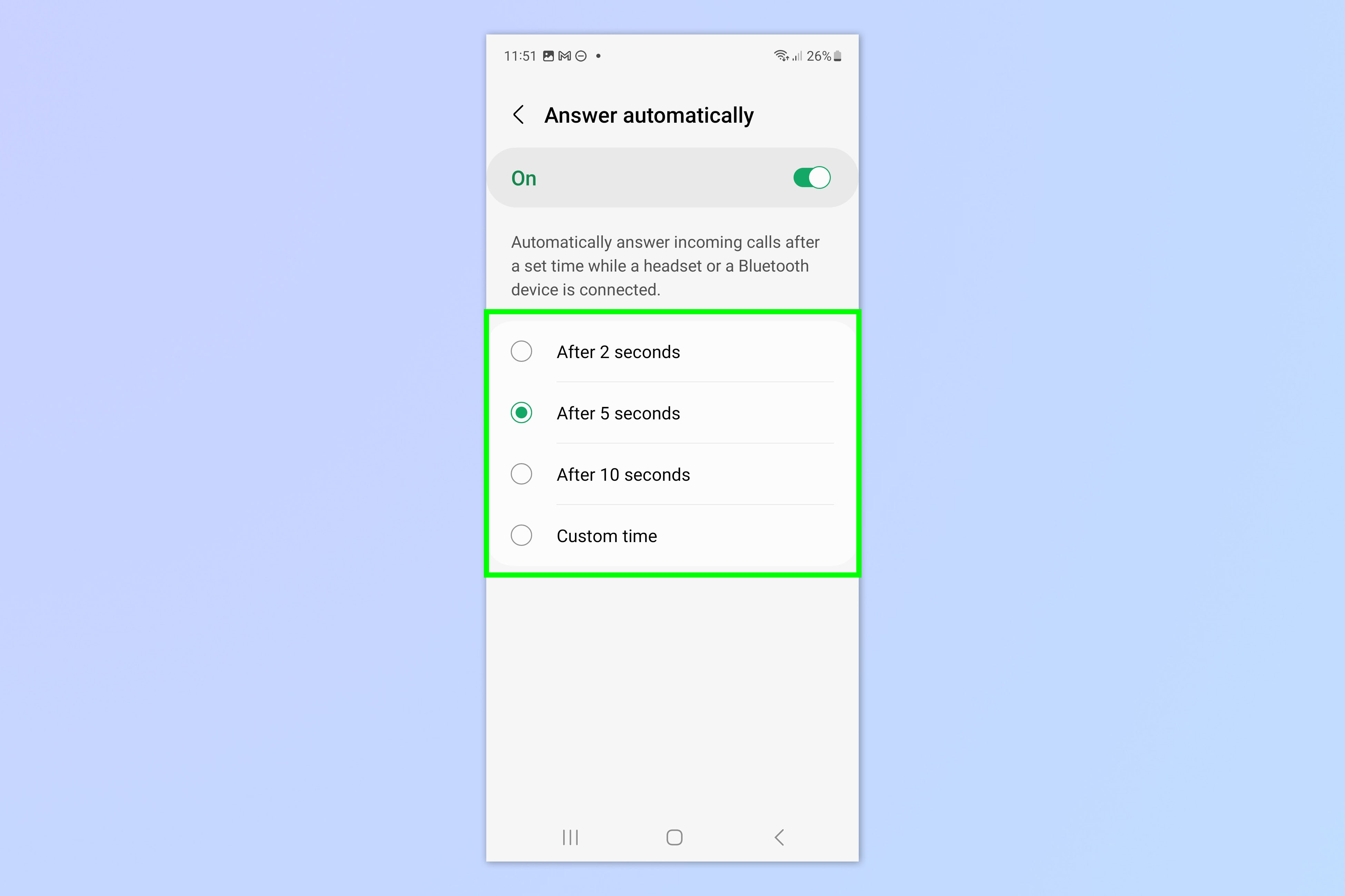 Una captura de pantalla que muestra cómo configurar la función de respuesta automática de Samsung