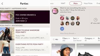 Two side-by-side images showing how to navigate to Poshmark Posh Parties for w&h's what to sell on Poshmark.