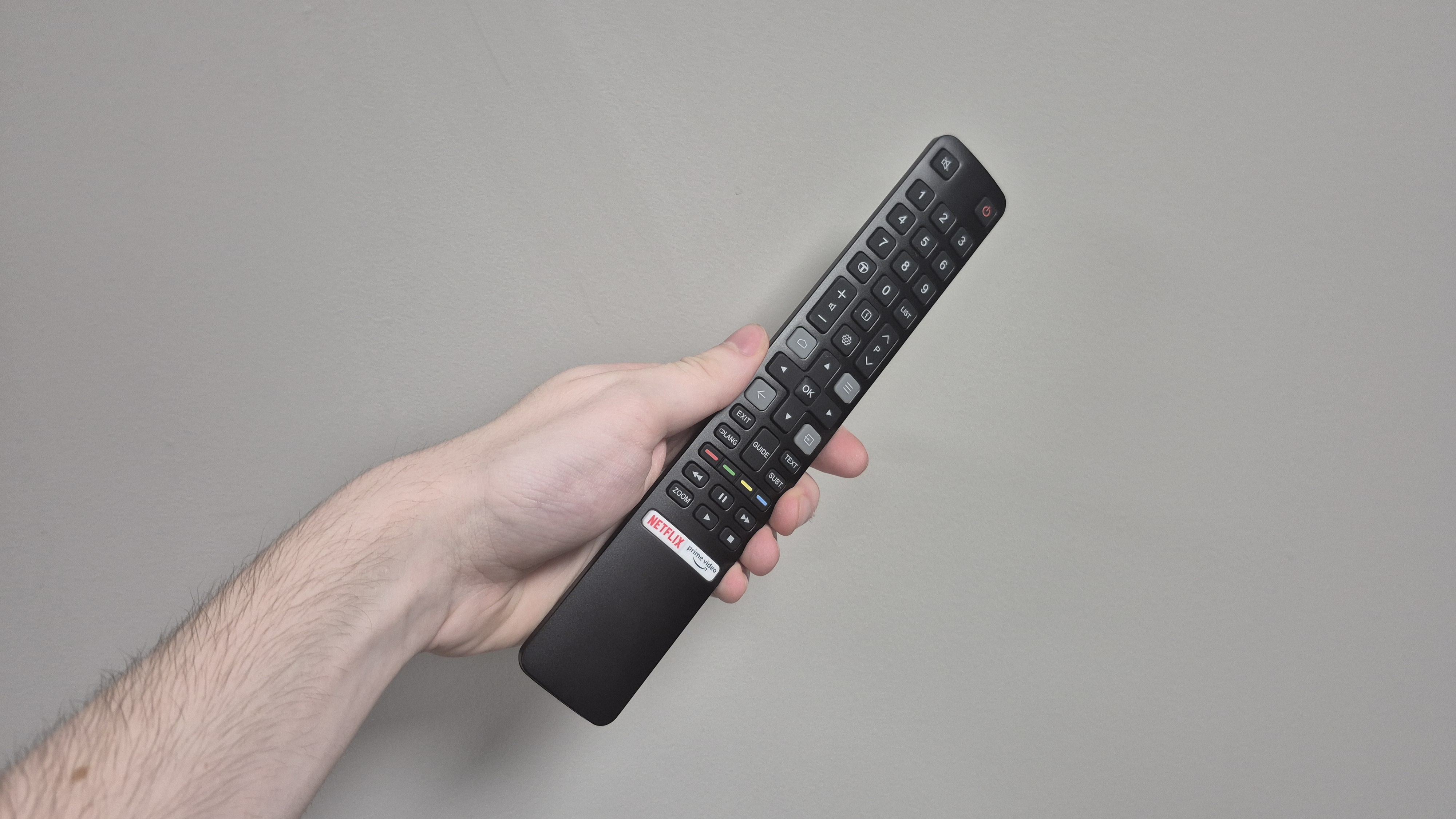 Remote control for the TCL 32S5400 held in someone's hand