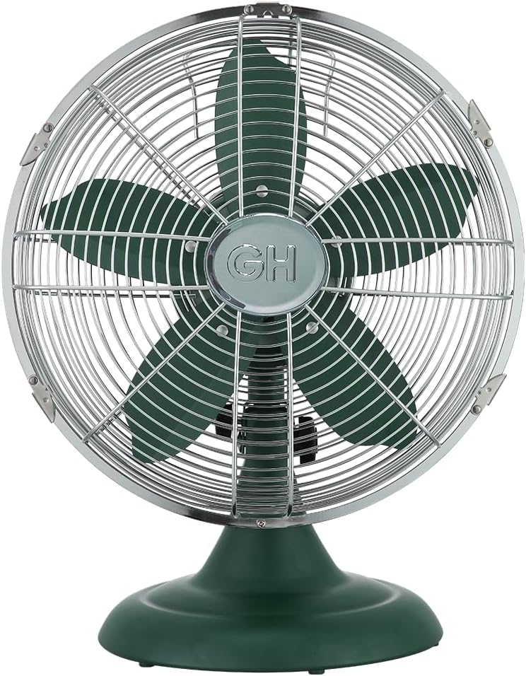 Good Housekeeping 92617 All-Metal 12&quot; Retro Desk Office Table Fan With Wide Oscillation, 3-Speed Settings &amp;amp; Carrying Handle, Alpine Green