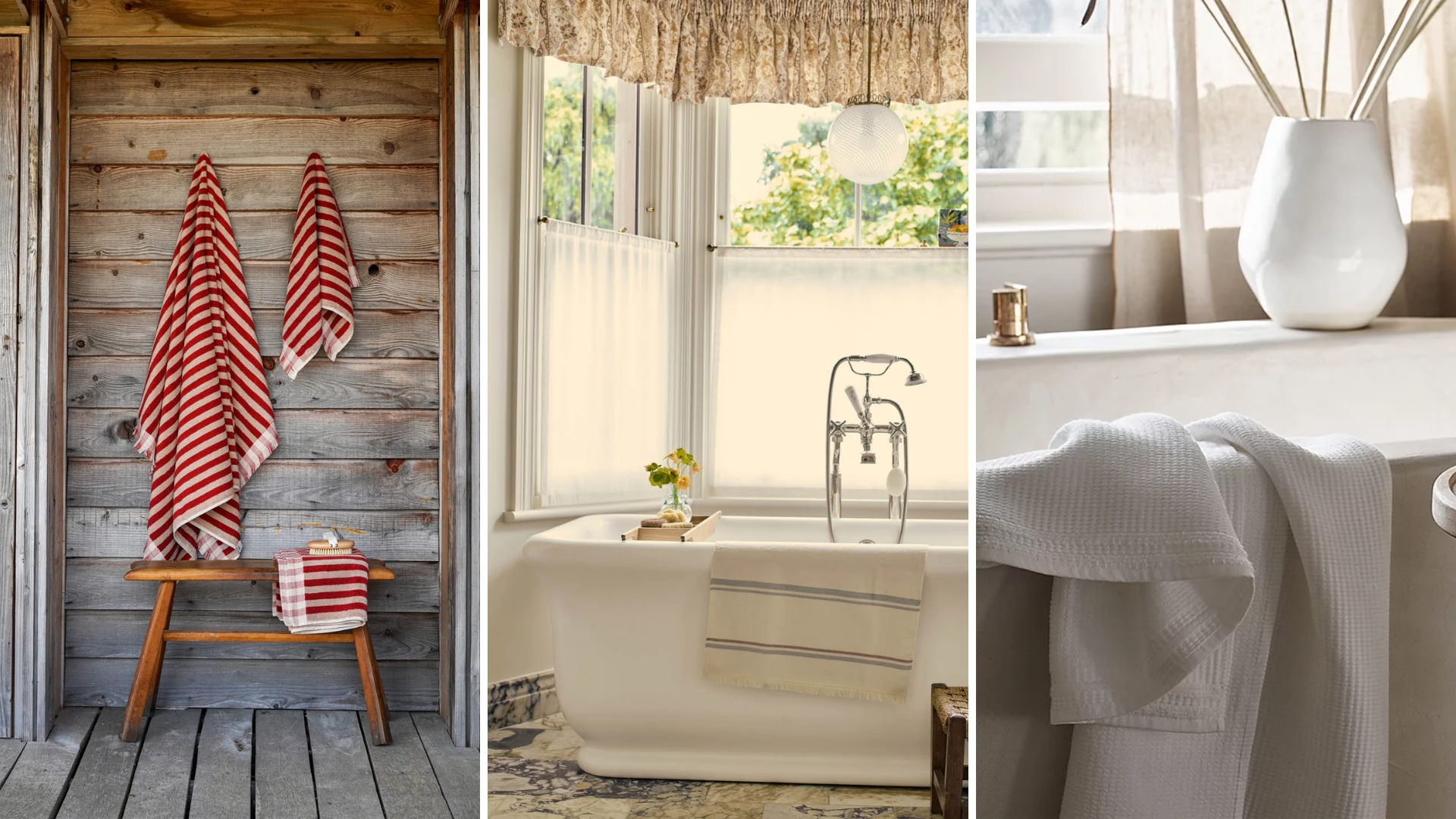 Images of some of the best bath towels, Piglet In Bed's striped towels, Rowen &amp; Wren's Turkish Towels, and The White Company's waffle towel