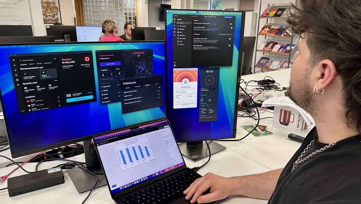 VPN Editor Mo Harber-Lamond undertaking user-testing with the top five VPNs, NordVPN, Surfshark, ExpressVPN, Proton VPN, and Private Internet Access.