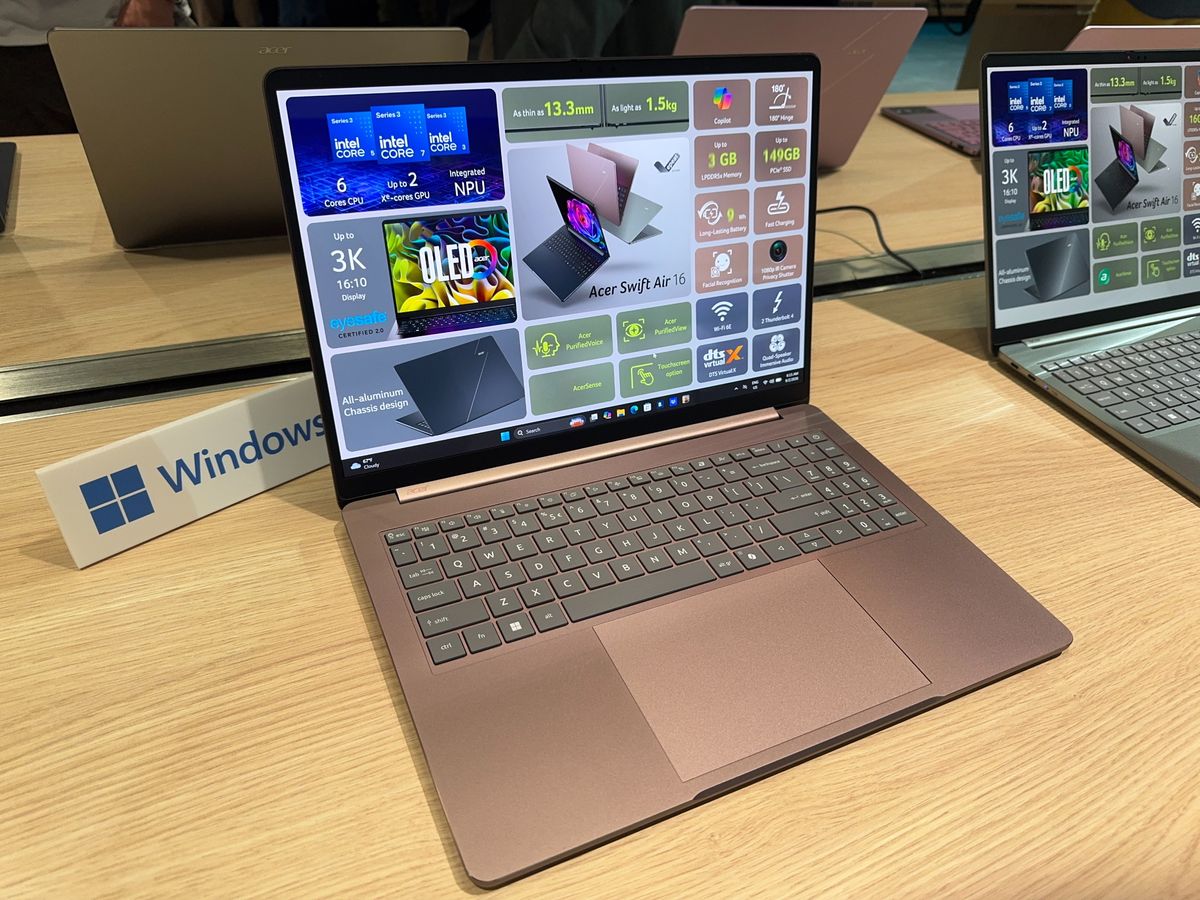 Acer Swift Air 16 laptop, focusing on the screen, ports, and keyboard