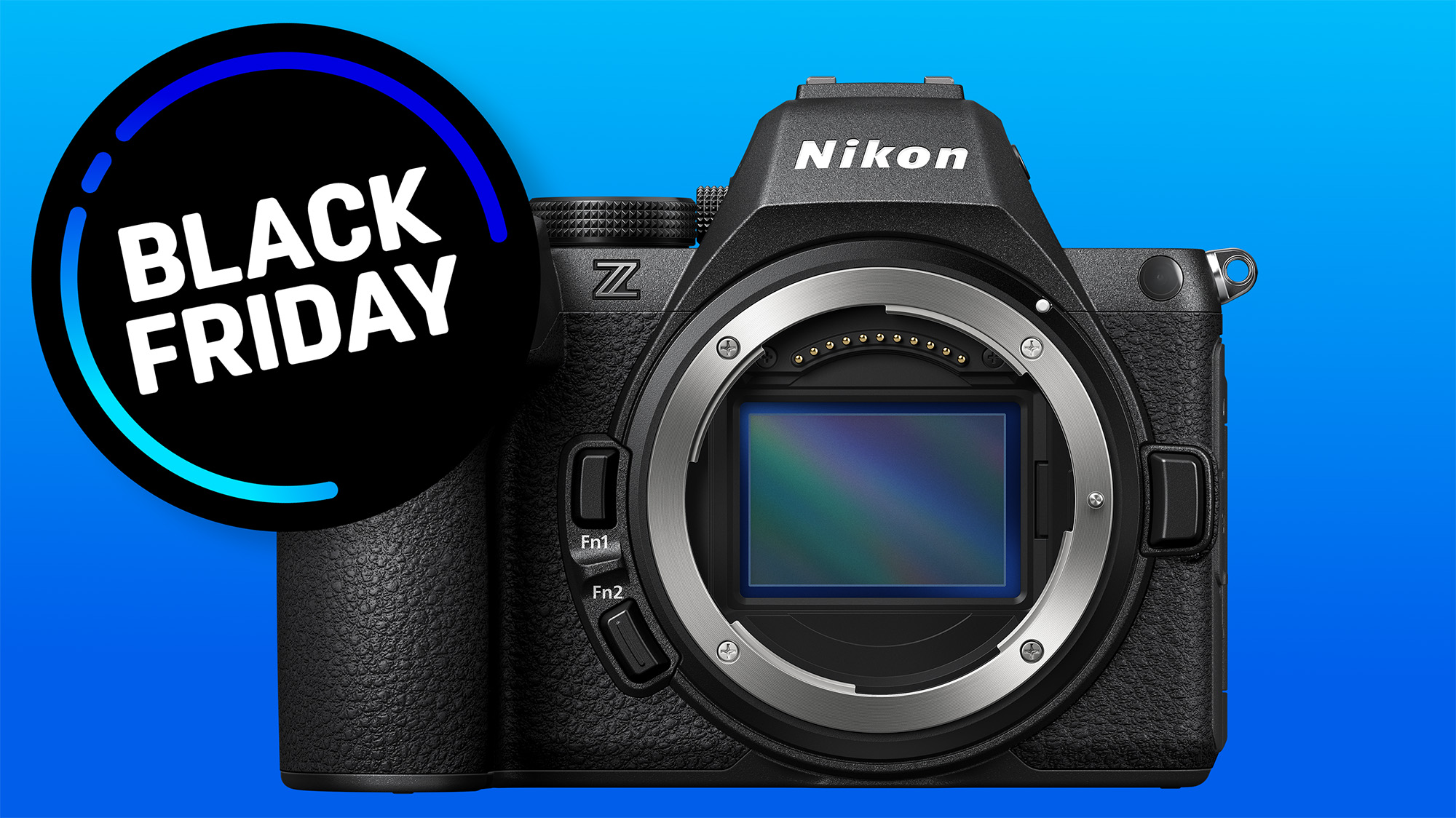 Nikon Z5 II on a blue gradient with a Black Friday roundel