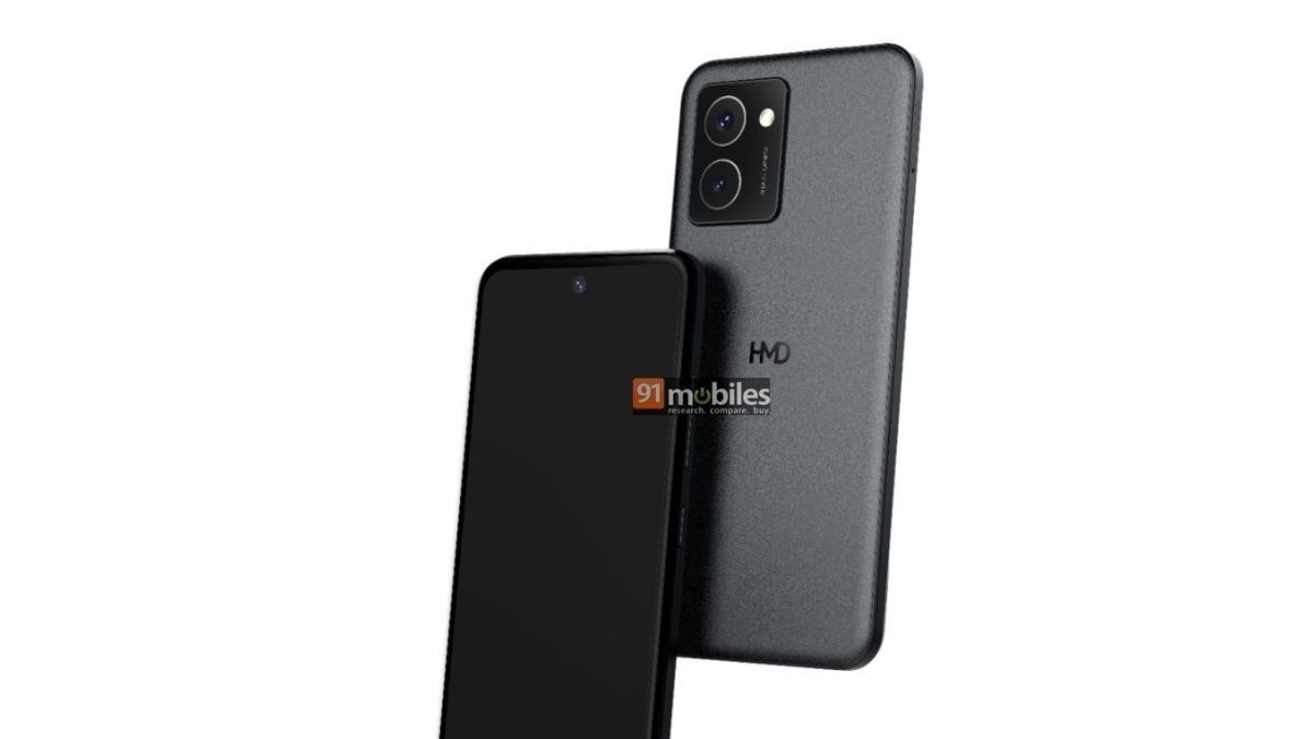 HMD-branded smartphone in black showing the screen and back