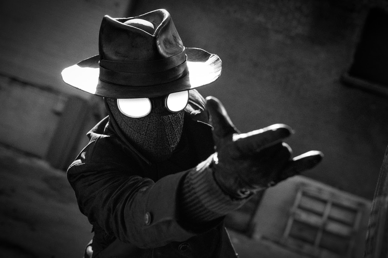 Black and white photo of fully suited-up Spider-Man Noir in live-action Prime Video series