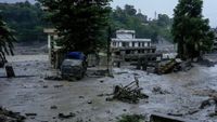Flooding in the Bhotekoshi River affects riverbanks and houses in Nuwakot, Nepal, on August 26, 2026