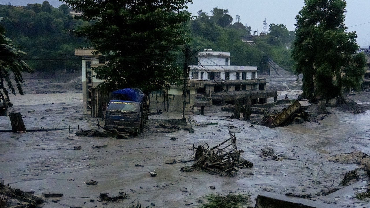 Flooding in the Bhotekoshi River affects riverbanks and houses in Nuwakot, Nepal, on August 26, 2026