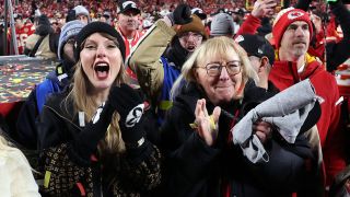 Taylor Swift and Donna Kelce celebrate after the Kansas City Chiefs defeated the Buffalo Bills 32-29 to win the AFC Championship Game