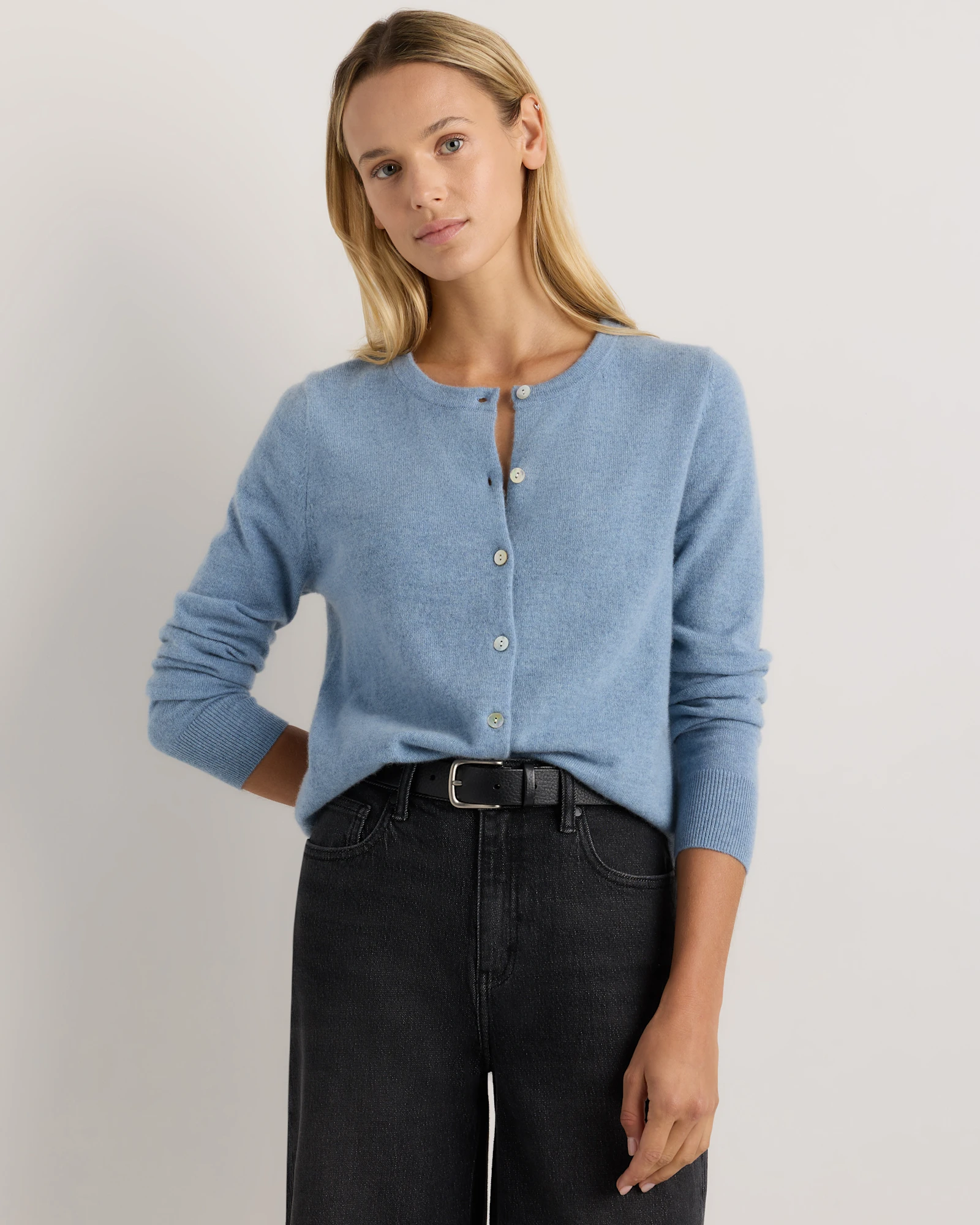 Mongolian Cashmere Cardigan Sweater in Faded Denim