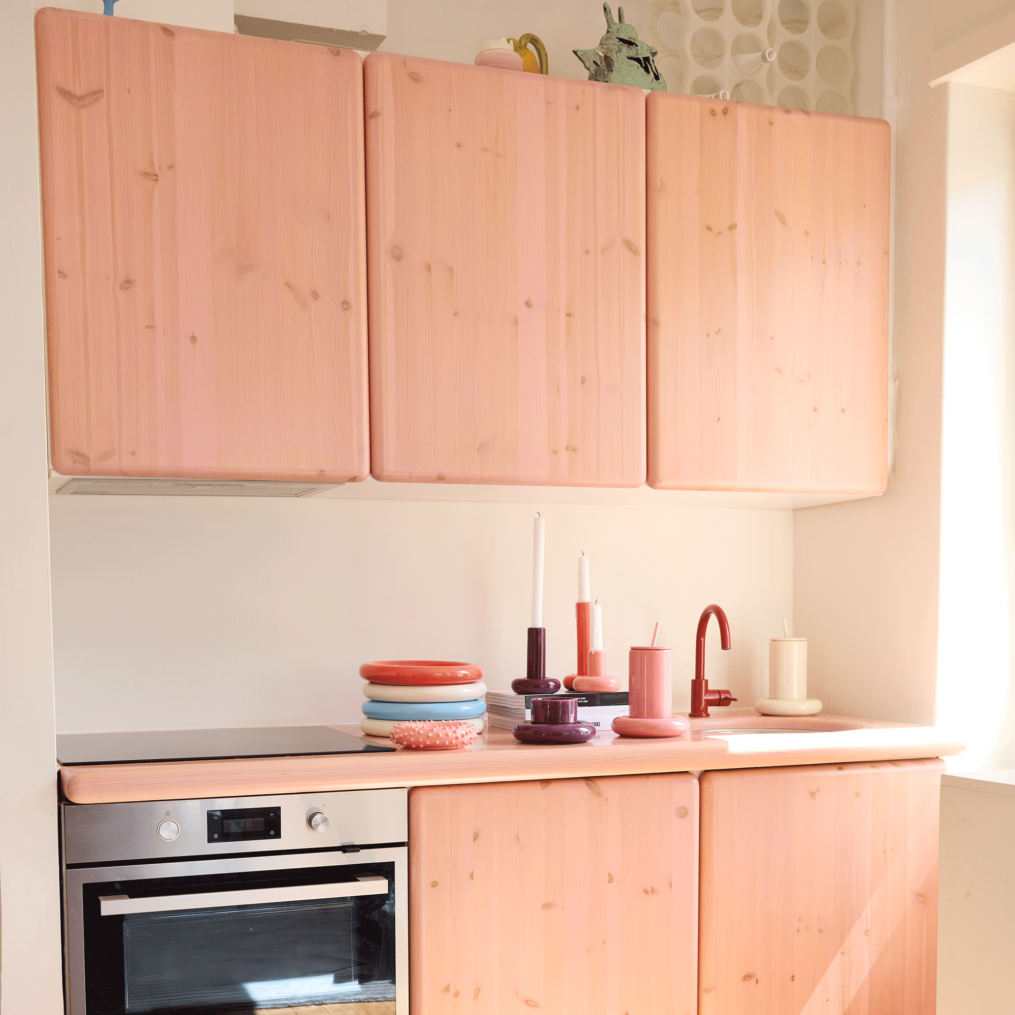 Gustaf Westman studio apartment kitchen with chunky cabinets